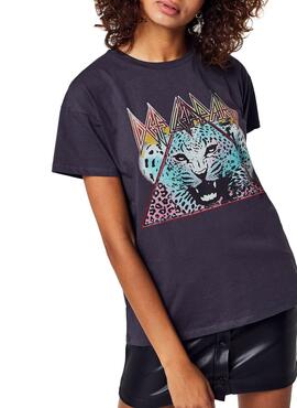 T-Shirt Vila Rocksy Leopard Asphalt para Mulher