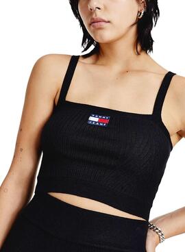 Top Tommy Jeans Crop Badge Costela Preto para Mulher