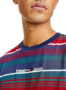 T-Shirt Tommy Jeans Linear Logo Listras Azul y vermelho