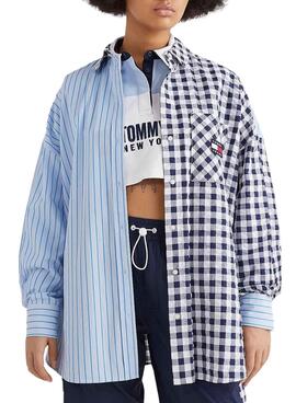 Camisa Tommy Jeans Faixa Gingahm Azul Mulher