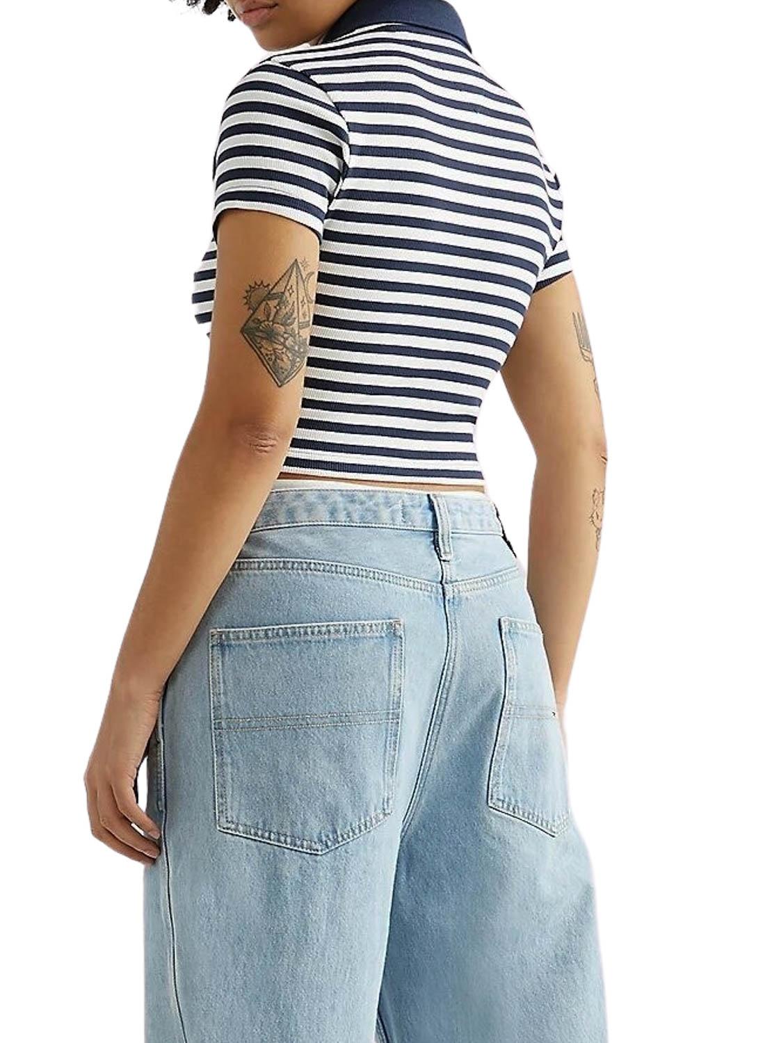 Polo Tommy Jeans Crop Stripe Azul Marinho para Mulher