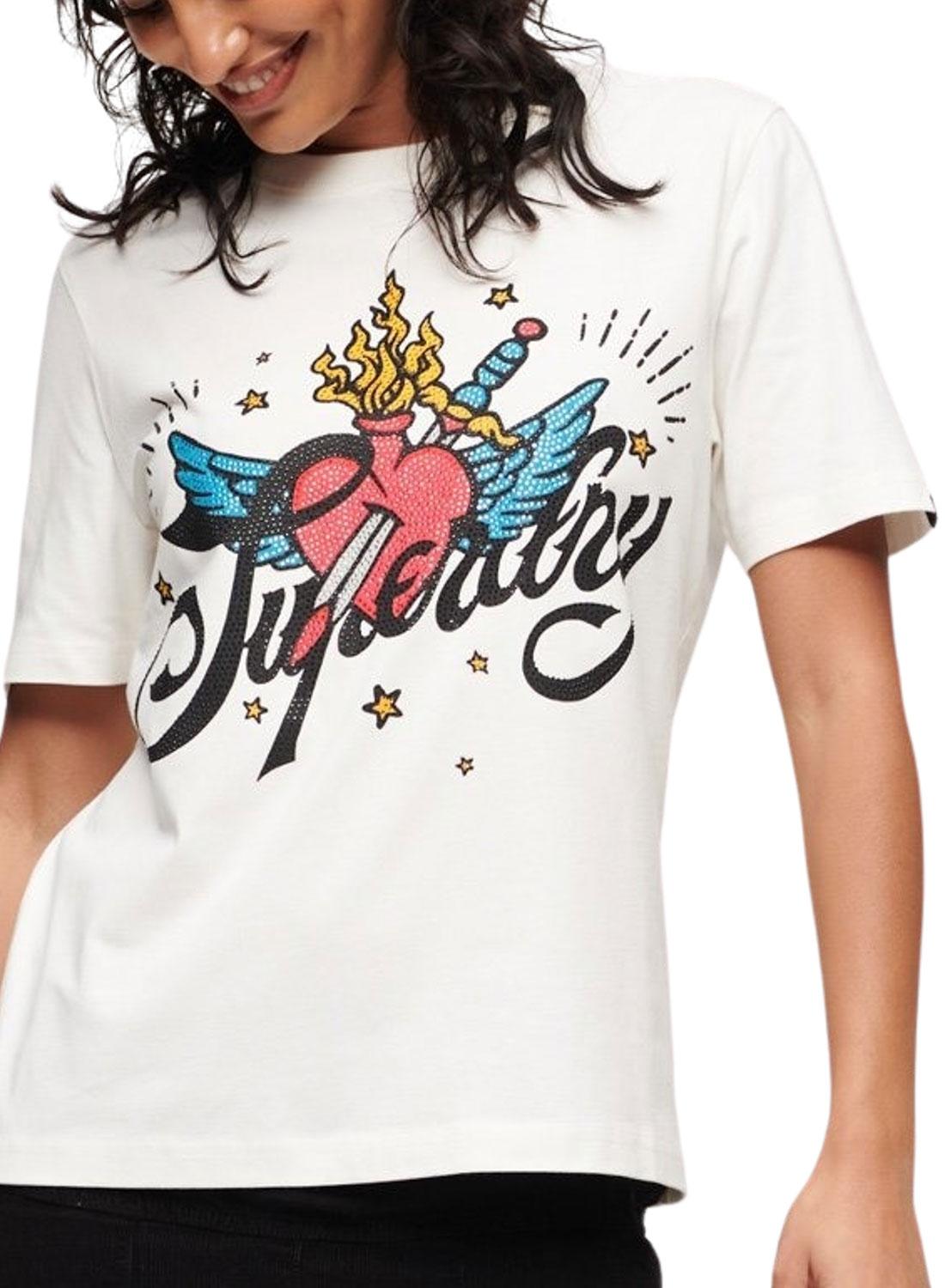 T-Shirt Superdry Tattoo Script Branco Mulher