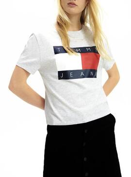T-Shirt Tommy Jeans Flag Cinza Para Mulher