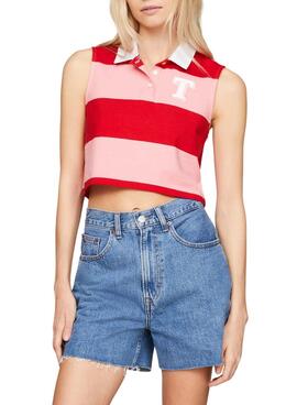 Polo Tommy Jeans Letterman cropped rosa para mulher