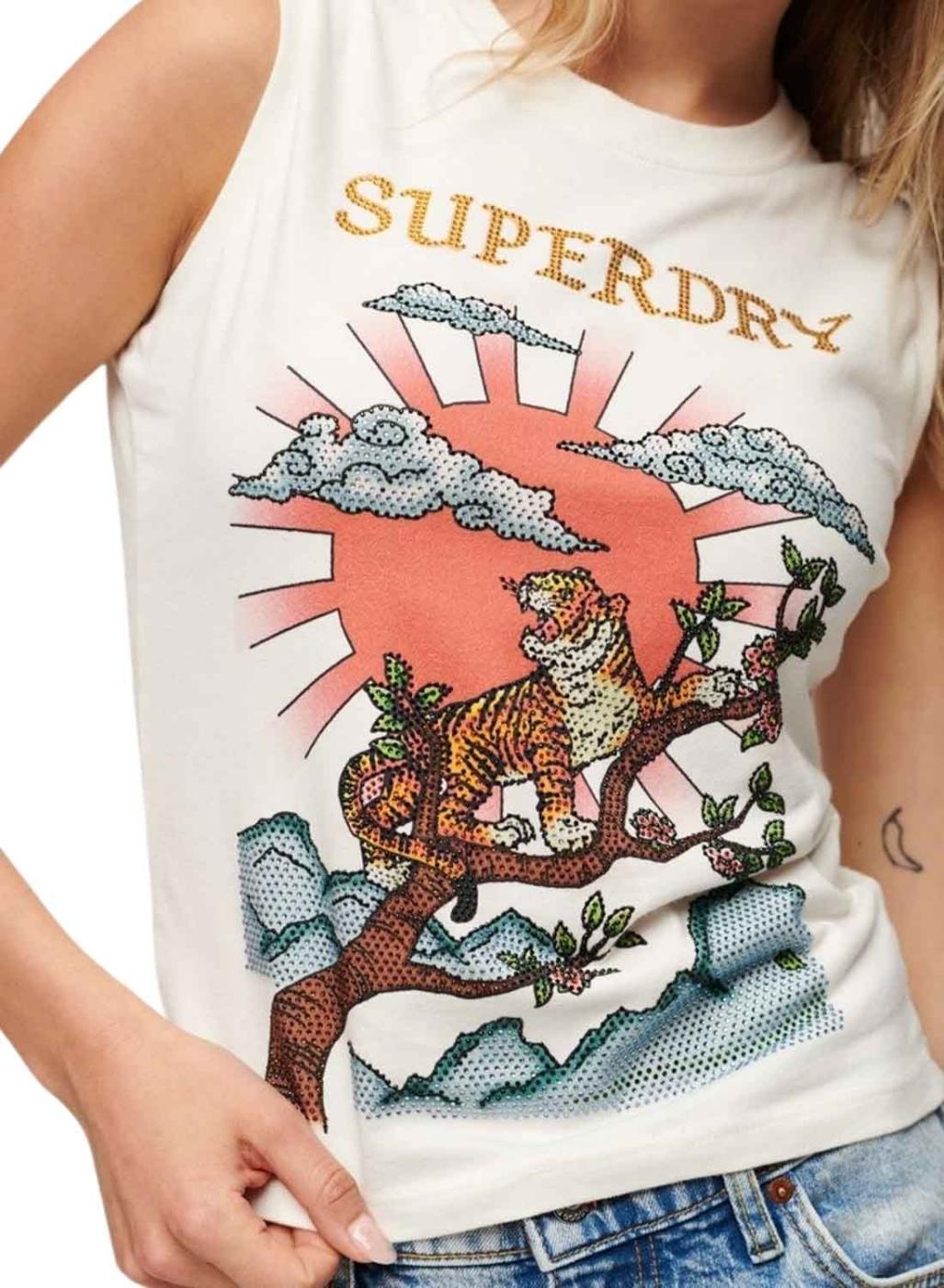 Camiseta Superdry Tatto Rhinostone Branco para Mulher.