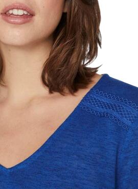 Camiseta Vila Viamer V-Neck Lace Azul para Mulher.