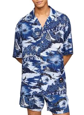 Camisa Tommy Jeans Hawaiian Azul Para Homem