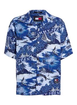 Camisa Tommy Jeans Hawaiian Azul Para Homem