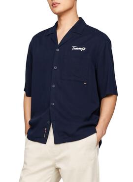 Camisa Tommy Jeans Resort Relaxed Azul Marinho Para Homem