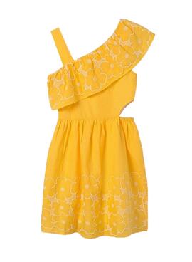 Vestido Mayoral assimétrico bordado amarelo Menina