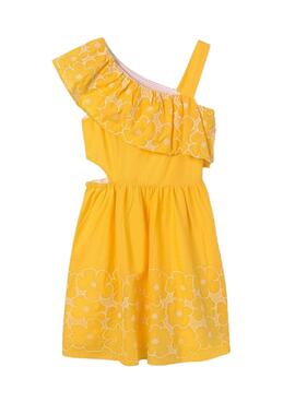 Vestido Mayoral assimétrico bordado amarelo Menina