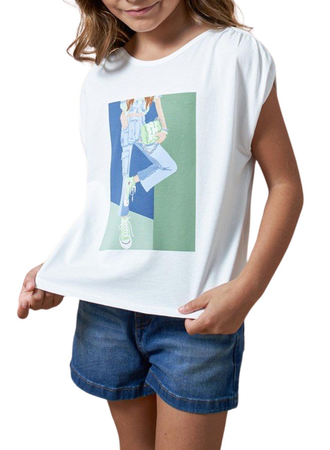 Camiseta Mayoral Estampado Gráfico Branco Menina.