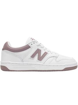 Tênis New Balance 480 branco e rosa para meninas.