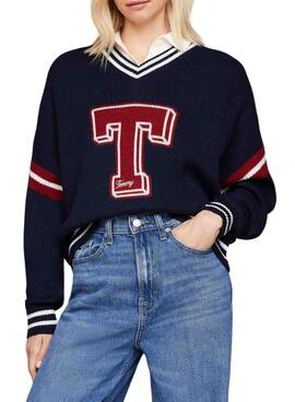 Camisola Tommy Jeans Letterman azul marinho para mulher.