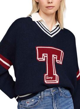 Camisola Tommy Jeans Letterman azul marinho para mulher.