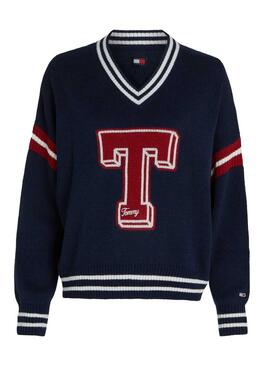 Camisola Tommy Jeans Letterman azul marinho para mulher.