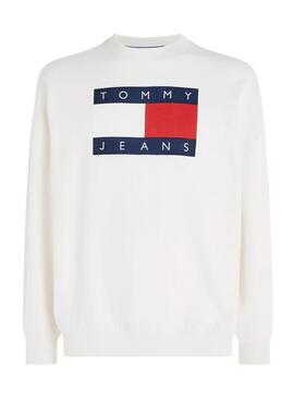 Moletom Tommy Jeans Crew Flag branco para mulher.