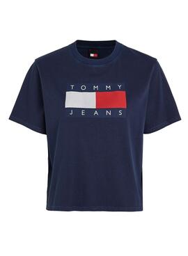 Camiseta Tommy Jeans Flag azul marinho para mulheres.