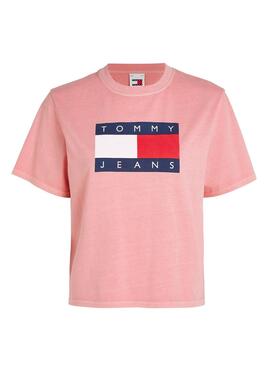 Camiseta Tommy Jeans Flag rosa para mulher.