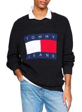 Camisola Tommy Jeans com logotipo preto de intarsia para homem.