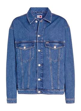 Jaqueta trucker Tommy Jeans Aiden Oversize azul denim para homem.