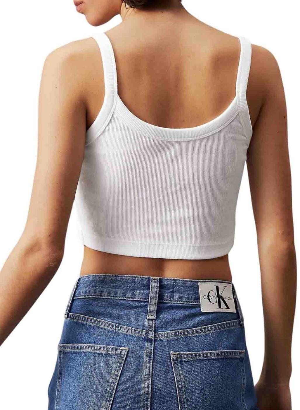 Top Calvin Klein branco Woven Label em rib para mulher.