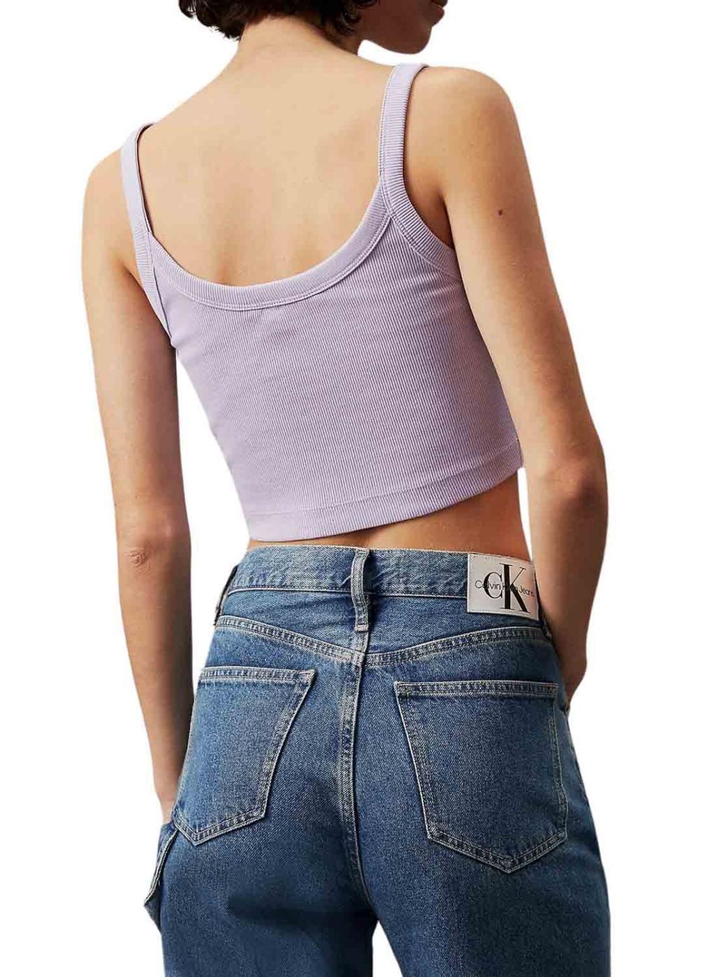 Top Calvin Klein Woven Label tecido canelado lilás para mulher