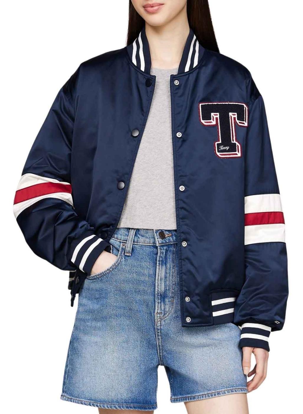 Jaqueta bomber Tommy Jeans Letterman azul para mulher.