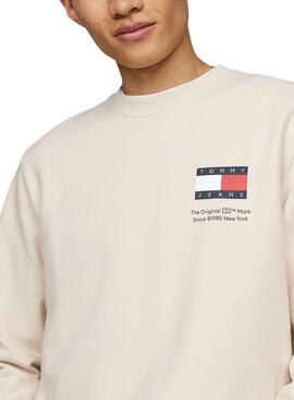 Moletom Tommy Jeans Flag Crew bege para homem.