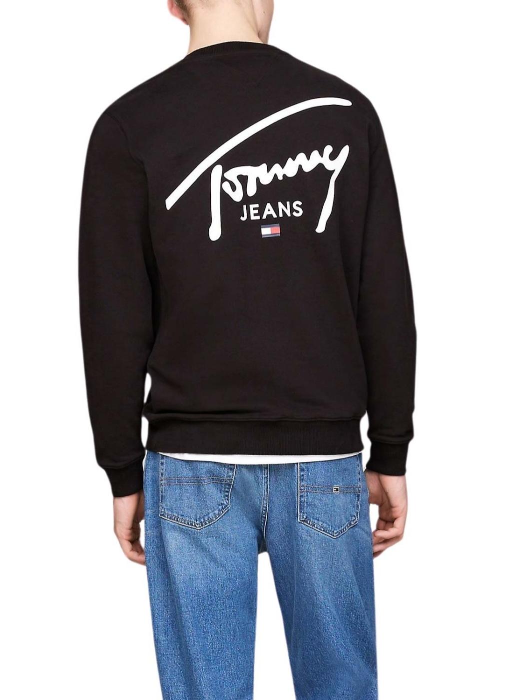 Moletom Tommy Jeans Logo Signature Crew preto para homem.