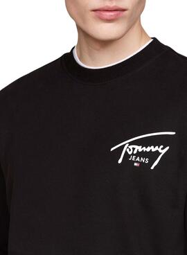 Moletom Tommy Jeans Logo Signature Crew preto para homem.