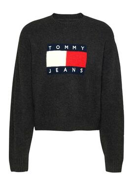 Camisola Tommy Jeans Flag em lã mesclada cinza para mulher