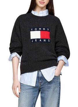 Camisola Tommy Jeans Flag em lã mesclada cinza para mulher