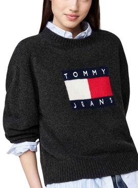 Camisola Tommy Jeans Flag em lã mesclada cinza para mulher