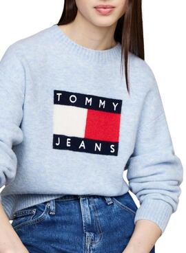 Camisola Tommy Jeans Flag em lã mesclada azul para mulher