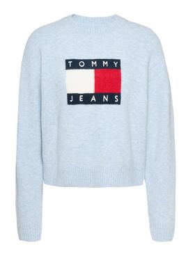 Camisola Tommy Jeans Flag em lã mesclada azul para mulher