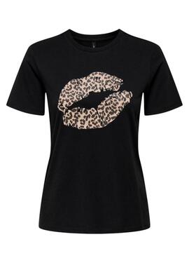 T-shirt Only Lola lábios leopardo preta para mulher