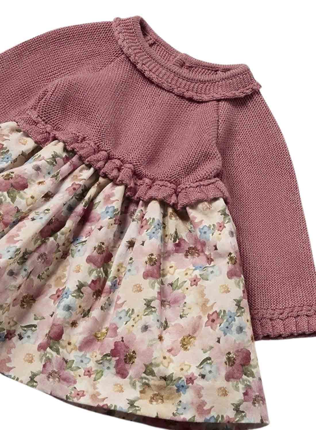 Vestido Mayoral em tricô combinado rosa com flores para bebê