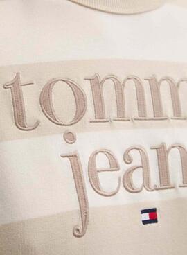 Moletom Tommy Jeans logotipo listrado bege relaxado para mulher