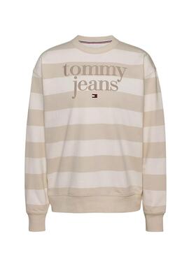 Moletom Tommy Jeans logotipo listrado bege relaxado para mulher