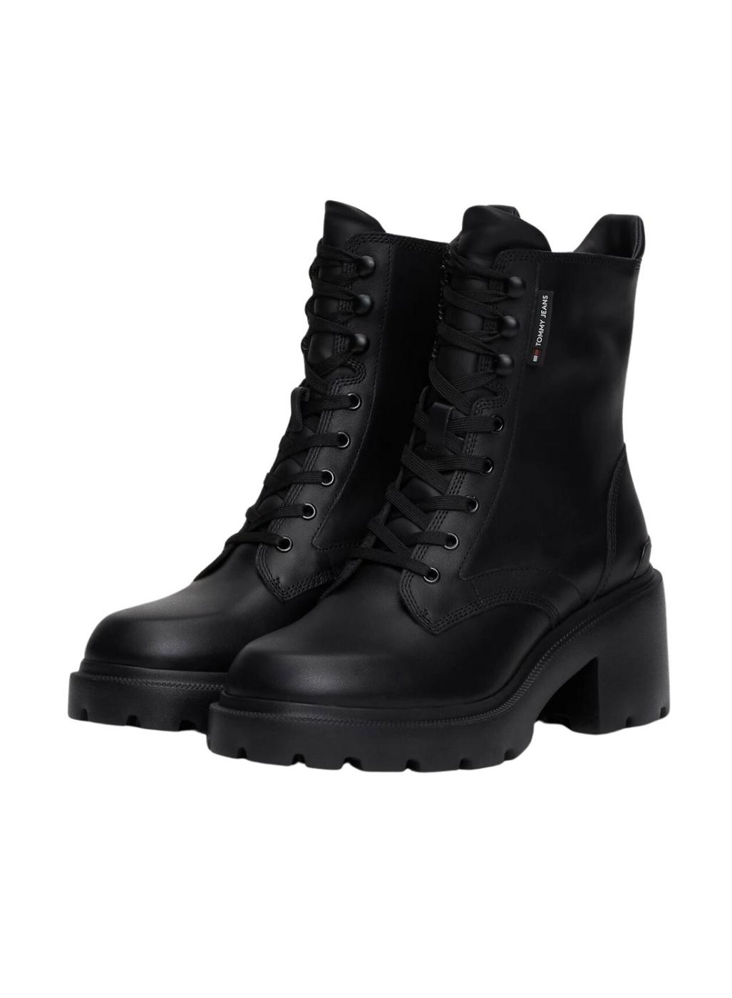 Botas Tommy Jeans de couro com salto e cadarços pretos para mulher