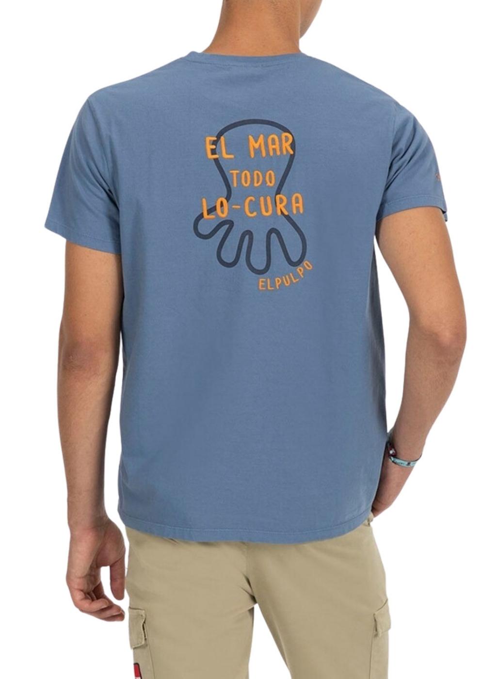 Camiseta El Pulpo bordado O MAR TUDO CURA azul para homem