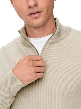 Camisola Only and Sons Phil com fecho de correr beige para homem.