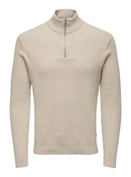 Camisola Only and Sons Phil com fecho de correr beige para homem.