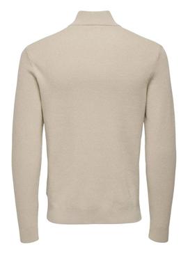 Camisola Only and Sons Phil com fecho de correr beige para homem.