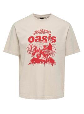 Camiseta Only and Sons Oasis Cartoon beige para homens.