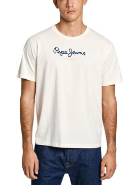 Camiseta Pepe Jeans Eggo branca com logo azul para homem.