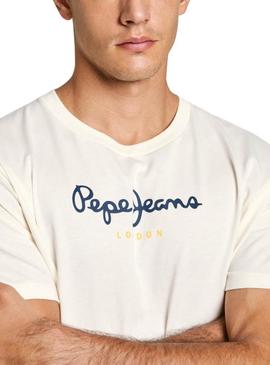 Camiseta Pepe Jeans Eggo branca com logo azul para homem.