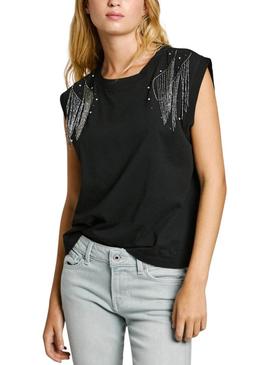 Camiseta Pepe Jeans Lydia com strass preto para mulher.