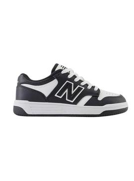 Tênis New Balance B480 branco e preto para crianças.